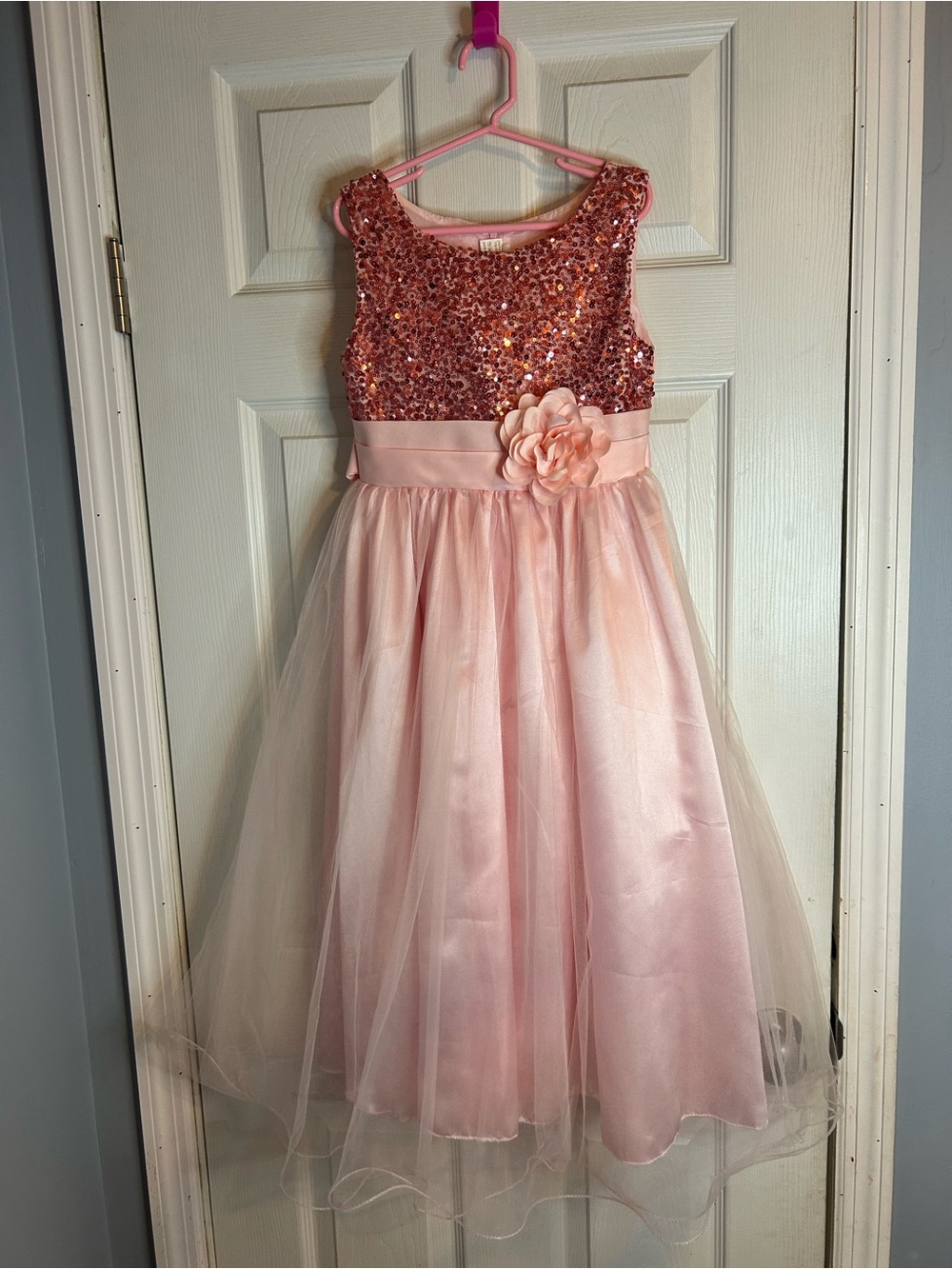 Girls Pink Sequin Bodice Flower Tulle Party Dress